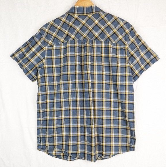 Prana Plaid Button Front Shirt Large Blue Gold - Picture 2 of 11